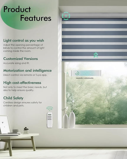 Yoolax Motorized Zebra Blinds, Remote Zebra Shades for Indoor Windows, Motorized Shades with Remote Light Control Horizontal Window Blinds Custom Size(95% Shading Grey)