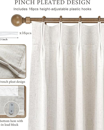 IVAPUPU Natural Pinch Pleated Ful Blackout Curtains Linen Blend Room Darkening Window Curtains 90 inch 1 Panel for Living Room Bedroom Thermal Insulated Curtain Drapes with 12 Pcs Hooks 60''Wx90''L