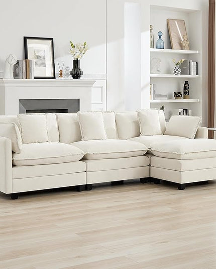 111'' Sectional Cloud Deep Seat Couch, Modern Comfy Chenille L Shaped Sectional Sofa for Living Room Set, Upholstered Modular 4-Seats Sofa Couch with Movable Ottoman, Beige