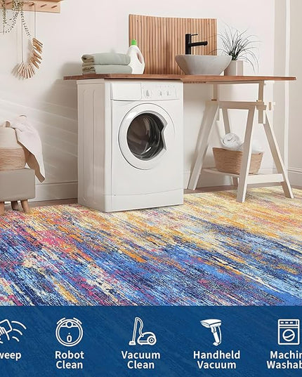Washable Rug 9x12 Area Rug for Living Room, Non Slip Abstract Rug for Bedroom, Ultra Soft Area Rug, Low Pile Soft Contemporary Indoor Floor Carpet Cover, Blue/Orange
