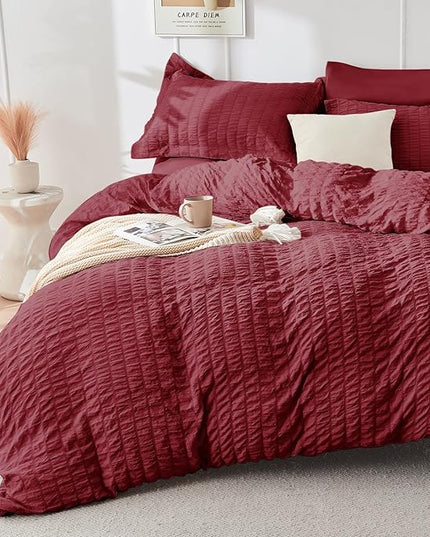 HYMOKEGE Burgundy Queen Comforter Set Seersucker 7 Pieces, All Season Luxury Bed in a Bag for Bedroom, Bedding Set with Comforters, Sheets, Pillowcases & Shams