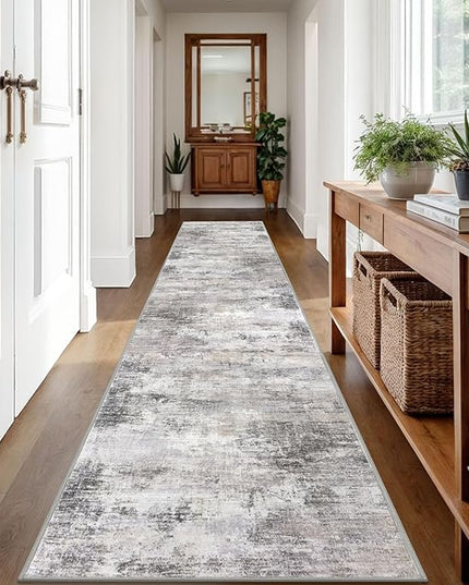 IOHOUZE Abstract Runner Rug 2x12 Ft Washable Runners for Hallways, Non Slip Kitchen Runner Printed Faux Wool Entryway Runner Indoor, Modern Abstract Floor Carpet for Hall Kitchen, Grey Beige