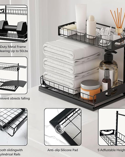 Under Sink Organizer with Pull-Out Drawers,Kitchen Sink Organizer,2 Tier Bathroom Organizers And Storage,Bathroom Accessories Set,Black 1 Pack