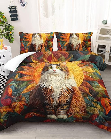 AILONEN Beautiful Cat Comforter Set for Bedroom Decor Queen Size,Sunflower Floral Garden Bedding Sets,Cute Kitten Animal Duvet Set with 2 Pillowcase,Soft Breathable and Microfiber