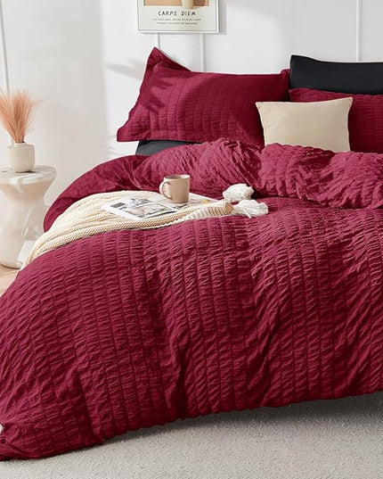 HYMOKEGE Red & Black California King Comforter Set Seersucker 7 Pieces, All Season Luxury Bed in a Bag for Bedroom, Bedding Set with Comforters, Sheets, Pillowcases & Shams