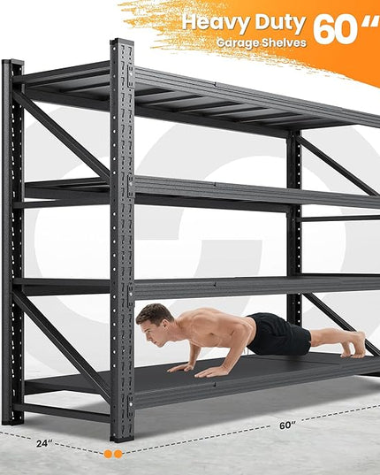 60"W Metal Shelving Units, 5000LBS Garage Shelving Heavy Duty, 24" Deep Large Storage Shelves, 4 Tier Tall Steel Industrial Shelving , Adjustable Standing Shelf for Warehouse / Shop 60"W x 24"D x 70"H