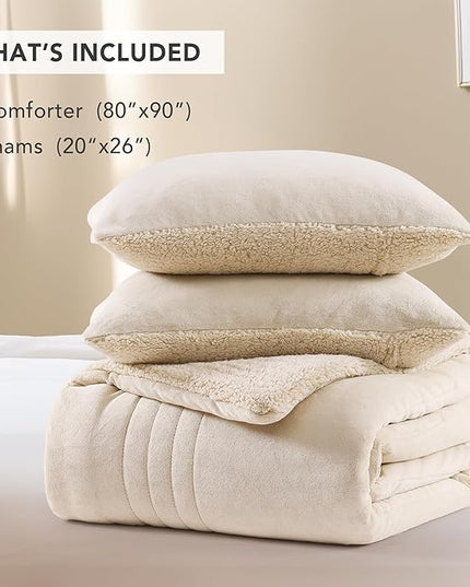 Monbix Fluffy Full Comforter Set Beige, Sherpa Plush Fuzzy Comforter 3 Piece for Full Size Bed, Luxury Soft Winter Warm Bedding Set