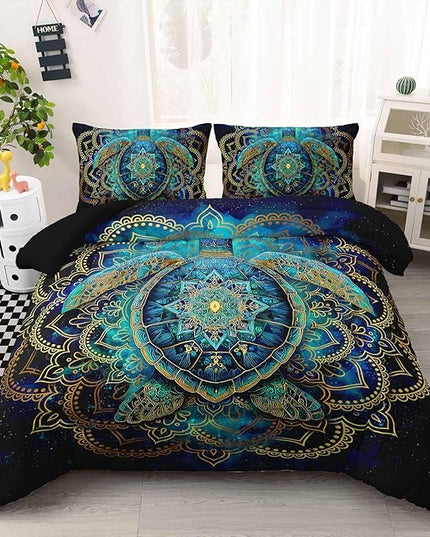 AILONEN Ethnic Turtle Bedding Set Queen Size - Blue Green Starry Mandala Boho Comforter Set with 2 Pillowcases,3-Piece Bedding