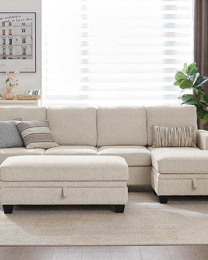 CHIC HOUSE Corduroy Modular Sectional Couch with Ottoman Chaise, L/U Shaped Sleeper Sofa for Living Room, Apartment, Lounge, Modern Armrest Neck Support Furniture (7 Seater Sectional, Beige)