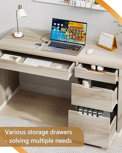52 Inch Desk with 4 Drawers, Computer Desk with Storage File Cabinet for Bedroom, Small Office Desk with Storage for Small Space, White and Walnut