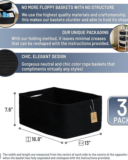 NaturalCozy Storage Baskets 16.8”x13”x7.6” Cotton Rope Woven Baskets for Organizing 3-Pack | Toy Storage Bins | Basket for Shelves, Laundry, Blanket, Clothes, Closet, Kitchen, Bathroom, Gifts