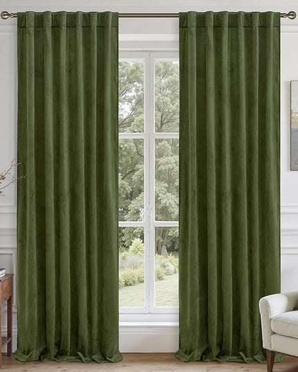 LAMIT Sage Green Velvet Curtains 96 Inches Long for Living Room, Luxury Thermal Insulated Room Darkeing Panels Back Tab and Rod Pocket Privacy Protected Drapes for Bedroom, 2 Panels, 52 x 96 Inch