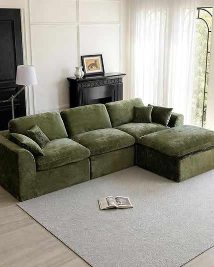 115''Cloud Sectional Couch, Modern L-Shape Sofa with Ottoman, Oversized Convertible 3 Seater Modular Couches for Living Room, Forest Green