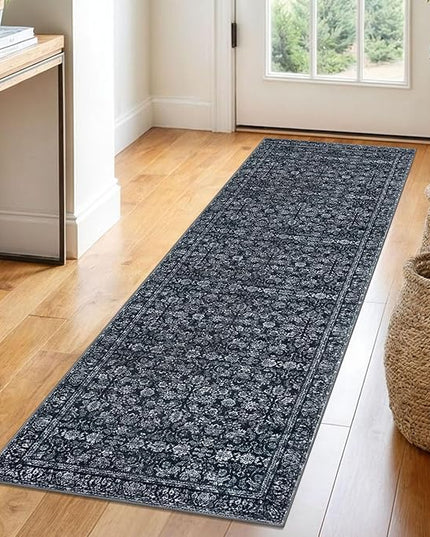 2x6 Washable Runner Rug for Hallways, Black Soft Neutral Vintage Kitchen Rugs with Non-Slip, Non-Shedding Distressed Floral Carpet for Bedroom Porch Laundry Entryway
