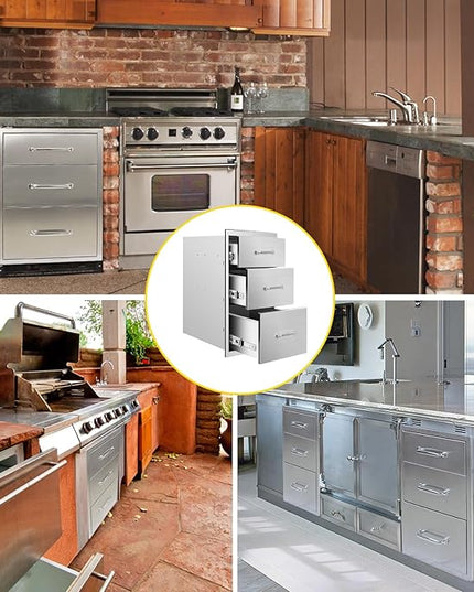 Outdoor Kitchen Drawers 20" W x 27" H x 23" D Flush Mount Triple BBQ Drawers with Chrome Handle Stainless Steel Drawer for Outdoor Kitchen Island, Patio Grill Station