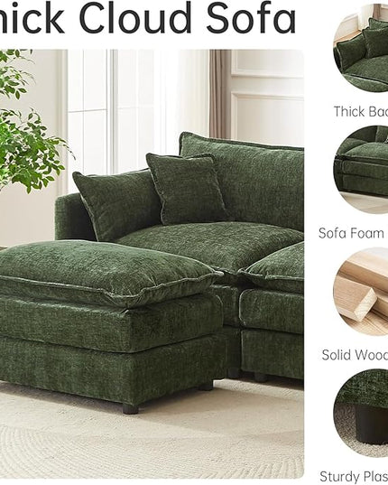 Modular Sectional Sofa, 112.2 Inch L Shaped Couch Set with Armrests, 3-Seater Comfy Cloud Couches with Movable Ottoman for Living Room Apartment, Green Sofa