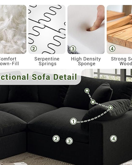 Cloud Modular Sectional Sofa,189.4" Down Filled Sofa 4 Seat with Chaise,Minimalist Sofa Cover Washable and Replaceable Couches for Living Room,Sectional Sofa Deep Seat Black
