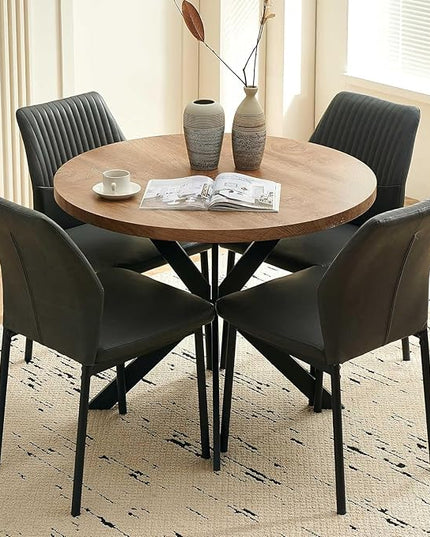 37" Round Dining Table Set for 4, Mid Century Modern Small Coffee Set for Dining Room Kitchen Apartment (Walnut Table + 4 PU Leather Dark Grey Chairs)