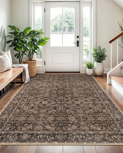 4x6 Washable Rug Rust Reddish Brown Area Rug for Entryway Soft Non-Slip Indoor Door Rugs Distressed Floral Low-Pile Doormat, Neutral Vintage Carpet for Entrance Kitchen Bedside Farmhouse