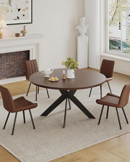 Walnut Round Dining Table Set for 4, Mid-Century Modern Kitchen Table and Chairs, Small Space Dining Room Furniture for Apartment, Breakfast Nook or Studio (Walnut wood-1 Table + 4 Brown Chairs)