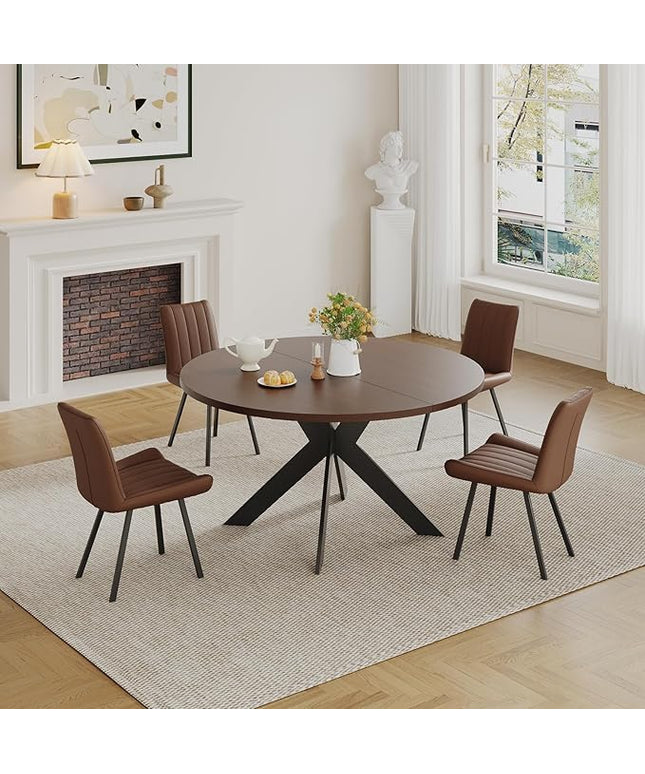 Walnut Round Dining Table Set for 4, Mid-Century Modern Kitchen Table and Chairs, Small Space Dining Room Furniture for Apartment, Breakfast Nook or Studio (Walnut wood-1 Table + 4 Brown Chairs)