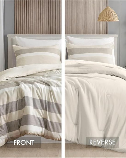 Twin Comforter Set, 2 Pieces Striped Bed Set, Soft Brushed Microfiber Reversible Bedding Set for All Season, Lightweight & Breathable Bedding Set with Comforter & Sham, Neutral