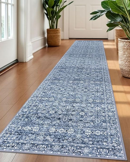 2x10 Runner Washable Rug for Kitchen, Blue Soft Classic Runner with Non-Slip, Non-Shedding Distressed Floral Rug for Hallways Entryway Bedroom Bathroom Laundry Indoor