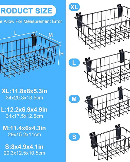4Pcs Slatwall Basket Set Ventilated Metal Slatwall Baskets Hanging Storage Baskets for PVC Slatwall, Mounted Slatwall Accessories Storage Display on Garage Slatwall Panels