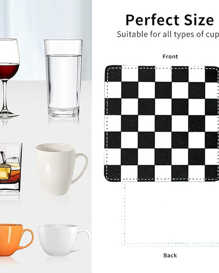 Marble Coasters Square Leather Drinks Coaster Set with Holder for Coffee Table Bar Home Decor 4 Inches Set of 6 (Checkered, One Size)
