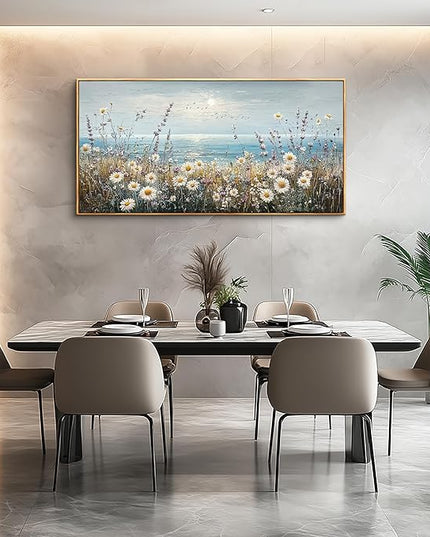 PHAOHUAXM Large Canvas Wall Decoration For Living Room Wall Art For Bedroom Office Decorations Blue Ocean Paintings Flowers Watercolour Wall Pictures Canvas Artworks Home Decor Wood Framed 24x48 In