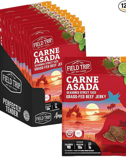 Field Trip Grass Fed Beef Jerky, Healthy Gluten Free Snacks, All Natural, Paleo-Friendly Beef Jerky, High Protein, Low Carb Snack with No Nitrates, 1oz Bag, 12 Pack, Carne Asada