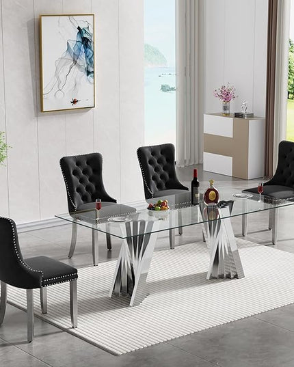 5 Piece Glass Dining Table Set,70" Dinner Room Glass Table Set for 4,Modern Kitchen Dinner Table Set with Stainless Steel Base and 4 Upholstered Velvet Dining Chairs for Living Dining Room