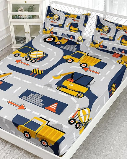 AILONEN Excavators Fitted Sheet Twin Size, Cartoon Construction Vehicles Car Truck Bedding Set for Boys Kids Teens,Equipment Trucks Bed Sheet Set,3 Pieces,(1 Fitted Sheet + 2 Pillow Cases)