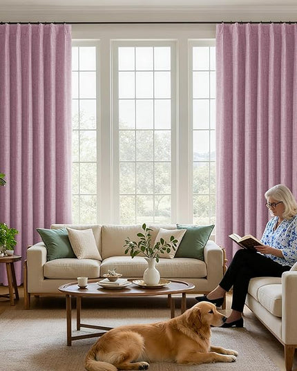 Joydeco Pinch Pleated Curtains - 100% Blackout for Bedroom, Pink Linen Curtains 40" W x 96" L, Thermal Insulated 2 Panels Light Blocking Drapes, Back Tabs for Living Room