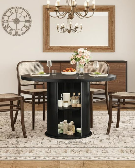 Farini 43" Round Dining Table for 4-6 with Storage Space,Modern Kitchen Room Table with Wood Top & Sturdy Metal Base,Black