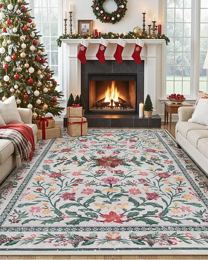 Wonnitar Christmas Rug for Living Room, Christmas Home Decor 8x10 Washable Rug, Ultra-Thin Soft Holiday Floral Print Non Slip Winter Indoor Carpet for Bedroom Kids Room Xmas Dining Room