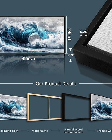 PHAOHUAXM Large Canvas Wall Art For Living Room Wall Decor For Bedroom Ocean Inspiration Wall Pictures Office Mural Decorations Posters Blue Wave Paintings Modern Home Decor Black Framed 24x48 In