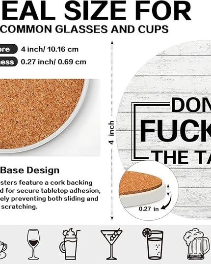 zcyhtqp, Don't FXXK up The Table, Funny Absorbent Round Ceramic Stone Coasters Set of 4 with Cork Base, Funny Coaster for Drinks, Gifts for Home, Kitchen, Bar, Office Table Decor