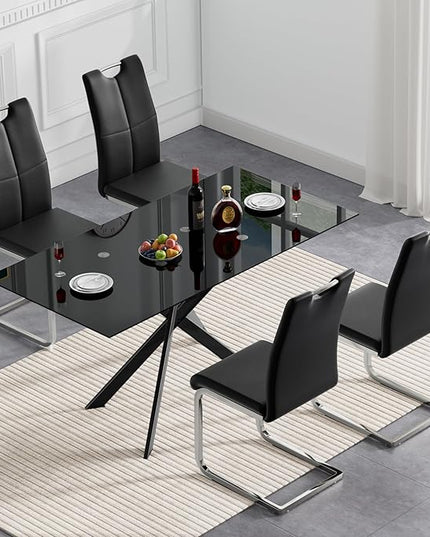 HomVent 5 Pieces Rectangular Glass Dining Table Table Set, Black Glass Dining Table Set for 4 Kitchen Table Set with 4 PU Dining Chairs for Kitchen Dining Room (Black2-Table with 4 Black Chairs)