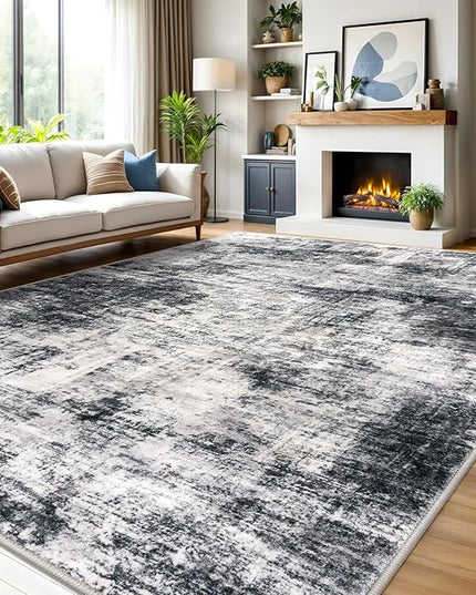 IOHOUZE Abstract Area Rugs 9x12 Ft Washable Large Rugs for Living Room, Non Slip Dining Room Rug, Printed Rugs for Bedroom, Floor Carpet for Office Nursery Playroom, Black Grey