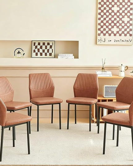 Dining Chairs Set of 6, Brown PU Leather Dining Chairs, Comfortable Upholstered Armless Kitchen Chairs with Black Metal Legs for Living Room, Dining Room, Kitchen