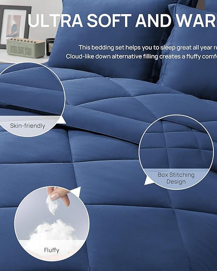 Love's cabin Queen Comforter Set Dark Blue, 7 Pieces Queen Bed in a Bag, All Season Bedding Sets with 1 Comforter, 1 Flat Sheet, 1 Fitted Sheet, 2 Pillowcase and 2 Pillow Sham