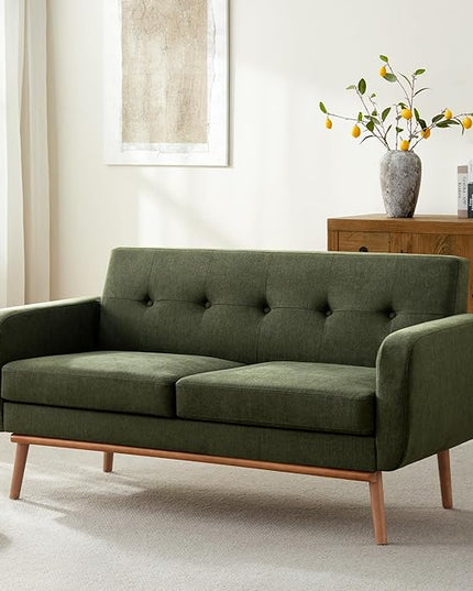 HUIMO Sofa Couch, Mid Century Modern Sofa with Solid Wood Frame, Button Tufted Couch for Bedroom, Living Room, Office, Apartment (Green, 60 inch)