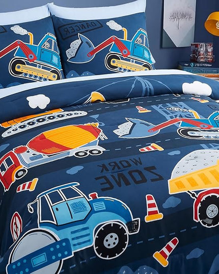 Full Size Comforter Set for Boys-7 Pieces Truck Tractor Excavator Glow in The Dark Full Bedding Sets for Kids, Ultra Soft Bed in A Bag with Sheets