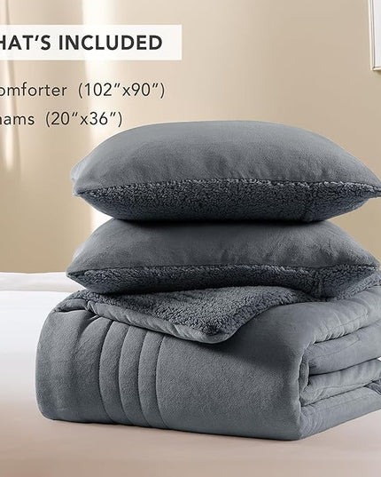 Monbix Fluffy King Size Comforter Set Blue Grey, Sherpa Plush Fuzzy Comforter 3 Piece for King Size Bed, Luxury Soft Winter Warm Bedding Set