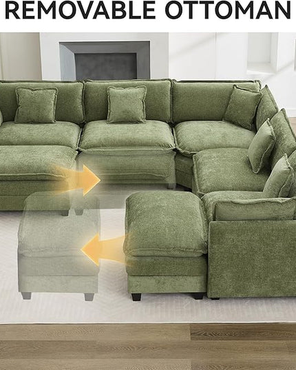 137'' V Shaped Cloud Sectional Sofa, Oversized Deep Seat Couches for Living Room, Chenille Comfy Upholstered Modular Sectional Sofa Couch with 2 Movable Ottoman, Green