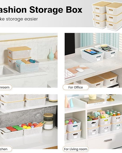 Plastic Storage Baskets With Bamboo Lid - Plastic Storage Containers Stackable Storage bins: Storage Baskets for Organizing Shelves Drawers Desktop Closet Playroom Classroom Office, 6 Pack