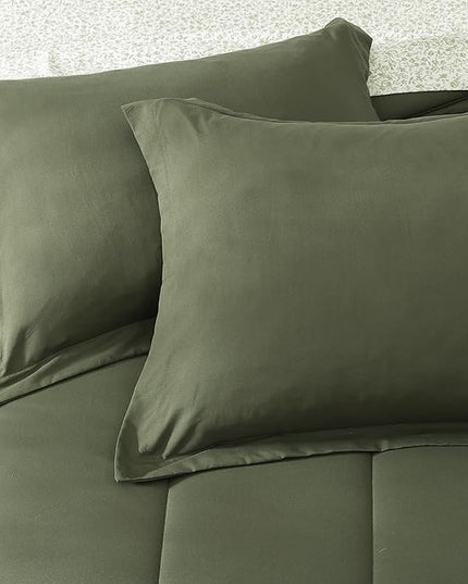 Monbix Queen Comforter Set - 7 Pieces Olive Green Bed in a Bag Queen Track Stitching Bedding Sets, All Seasons Down Alternative Comforter Bed Set with Sheets,Pillowcases & Shams