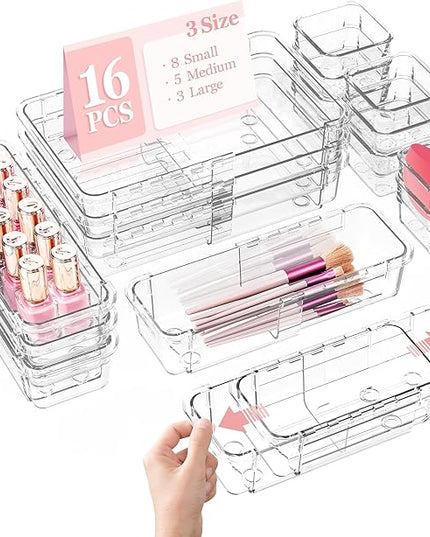 DILIBRA 16 Pcs Clear Extendable Drawer Organizer, Adjustable Drawer Storage 3-Size Desk Drawer Organizer, Plastic Non-Slip Storage Bins for Makeup, Cosmetic, Jewelries, Utensils, Stationery, Dressers