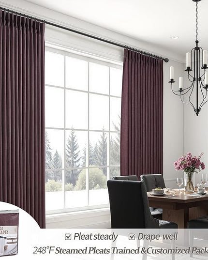 Pinch Pleated Purple Curtains 90 Inches Long 2 Panels Set for Nursery, Blackout Memory Trained Double Layer Thick Linen Blend Sound Dampening Drapes Energy Efficient Country Privacy Viral Windows Burg
